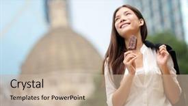  Presentation with ice break - PPT theme with business woman eating ice cream background and a soft green colored foreground