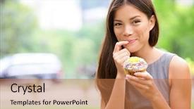  Presentation with food city - Audience pleasing slide set consisting of business woman eating unhealthy food backdrop and a coral colored foreground