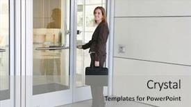  Presentation with company - Slide set having business woman entering company to start work background and a light gray colored foreground