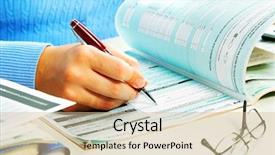  Presentation with tax - Slide deck consisting of business woman filling tax form background and a soft green colored foreground