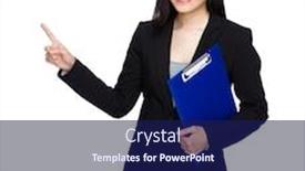  Presentation with finger point - Amazing PPT theme having business woman finger point out with clipboard backdrop and a navy blue colored foreground