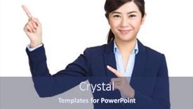  Presentation with finger point - Colorful presentation theme enhanced with business woman finger point up backdrop and a ocean colored foreground