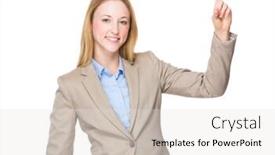 Presentation with finger point - Beautiful slides featuring business woman finger point up backdrop and a light gray colored foreground