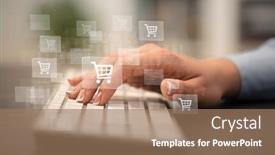  Presentation with online shopping - Amazing slide set having business woman hand typing on keyboard with online shopping concept backdrop and a coral colored foreground