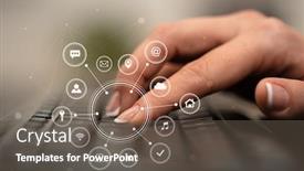  Presentation with application - Beautiful PPT theme featuring business woman hand typing on keyboard with application icons backdrop and a violet colored foreground