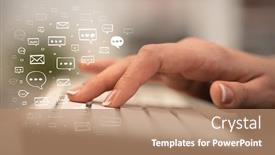  Presentation with chat - Audience pleasing PPT layouts consisting of business woman hand typing on keyboard with chat icons backdrop and a coral colored foreground