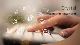  Presentation with application - PPT layouts having business woman hand typing on keyboard with drawn application icons background and a mint green colored foreground