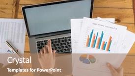  Presentation with financial - PPT theme featuring business woman hand with financial background and a  colored foreground