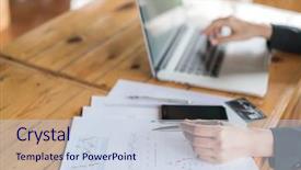  Presentation with financial - Slide deck consisting of business woman hand with financial background and a  colored foreground