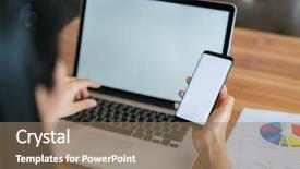  Presentation with financial - Cool new slide deck with business woman hand with financial backdrop and a coral colored foreground