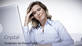  Presentation with headache - Cool new slide set with business woman having a headache office work backdrop and a light blue colored foreground