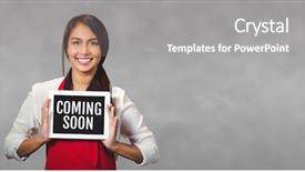  Presentation with coming soon - Amazing presentation having business woman holding a tablet backdrop and a gray colored foreground