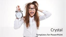  Presentation with alarm - PPT layouts having business woman holding alarm clock background and a white colored foreground