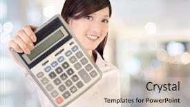  Presentation with arithmetic - Amazing PPT theme having business woman holding calculator backdrop and a lemonade colored foreground