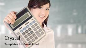  Presentation with arithmetic - Colorful PPT layouts enhanced with business woman holding calculator backdrop and a lemonade colored foreground