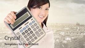  Presentation with arithmetic - Theme featuring business woman holding calculator background and a  colored foreground