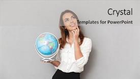  Presentation with woman business - PPT theme consisting of business woman holding earth globe background and a light gray colored foreground