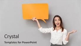  Presentation with bubble - Audience pleasing slide set consisting of business woman holding empty speech backdrop and a light gray colored foreground