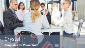  Presentation with project - Beautiful PPT theme featuring business-woman-in-a-wheelchair backdrop and a ocean colored foreground