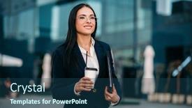  Presentation with financial center - Beautiful slide set featuring business woman in glasses with coffee in hands against skyscraper modern building financial center cityscape successful female businessperson backdrop and a ocean colored foreground