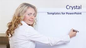  Presentation with writing pen - Slides enhanced with business woman in her office writing with a pen on a flipchart background and a sky blue colored foreground