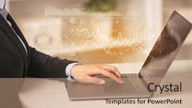  Presentation with global laptop - Slide deck consisting of business woman in homey environment background and a  colored foreground