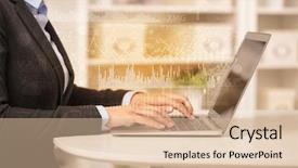  Presentation with global laptop - Slide deck consisting of business woman in homey environment background and a lemonade colored foreground