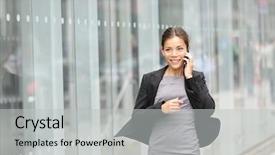  Presentation with new york city - PPT layouts with business woman in motion talking background and a light gray colored foreground