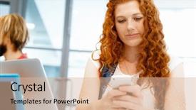  Presentation with mobile payment app business technology - Beautiful slides featuring business woman in office holding mobile phone backdrop and a lemonade colored foreground