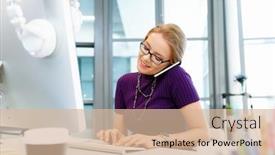  Presentation with office - PPT theme having business-woman-in-office-holding background and a lemonade colored foreground