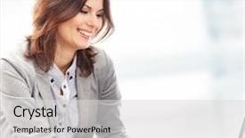  Presentation with business intelligence white robotic arm - PPT theme featuring business woman in office isolated background and a light gray colored foreground