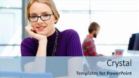  Presentation with business women - Slide set having business woman in office background and a light blue colored foreground