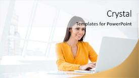  Presentation with woman business - PPT layouts enhanced with business woman in orange shirt background and a sky blue colored foreground