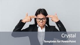  Presentation with gun - Audience pleasing PPT theme consisting of business woman in sit and eyeglasses which showing gun signs near the head isolated gray background backdrop and a gray colored foreground
