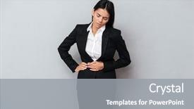  Presentation with abdominal - Presentation consisting of business woman in suit which having abdominal pain and holding her tummy isolated gray background background and a gray colored foreground