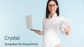  Presentation with blue business - Audience pleasing theme consisting of business woman isolated over blue backdrop and a sky blue colored foreground