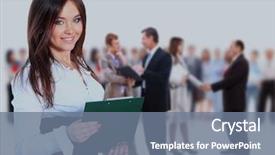  Presentation with team - Audience pleasing PPT theme consisting of line staff management - business woman leading her team backdrop and a gray colored foreground