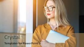  Presentation with distance learning - Slide set enhanced with business-woman-learning-with-laptop background and a coral colored foreground