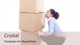  Presentation with business card - Presentation consisting of business woman lifting card boxes background and a lemonade colored foreground