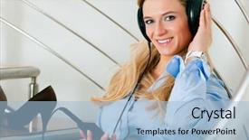  Presentation with music business - Slides enhanced with business woman listening music at home sitting relaxed on the stairs background and a light blue colored foreground