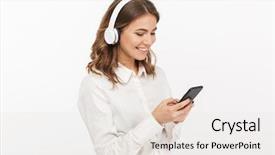  Presentation with music business - Presentation design with business woman listening to music background and a sky blue colored foreground