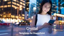  Presentation with mobile phone in woman hand - PPT theme enhanced with business woman looking at mobile background and a  colored foreground