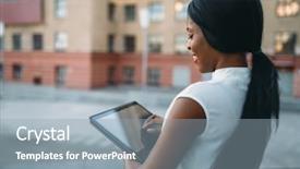  Presentation with business laptop globe satellite - Presentation featuring business woman looks on laptop background and a  colored foreground