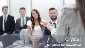 Presentation with business report - Colorful theme enhanced with business-woman-makes-a-report backdrop and a gray colored foreground