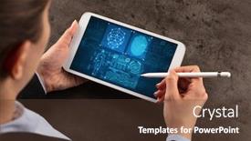  Presentation with analyses - Beautiful presentation theme featuring business woman making analyses and checking fingerprints on tablet backdrop and a tawny brown colored foreground