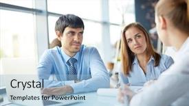  Presentation with discussion - PPT theme consisting of business woman man brainstorming - discussion in cafe background and a  colored foreground