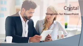  Presentation with data analyst - Audience pleasing PPT theme consisting of business woman man brainstorming ideas - confident analyst with touchpad reading backdrop and a lemonade colored foreground