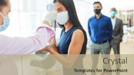  Presentation with contactless - Presentation theme having business-woman-measuring-contactless-fever background and a mint green colored foreground