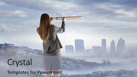  Presentation with telescope - Slide set consisting of business woman observing skyline background and a  colored foreground