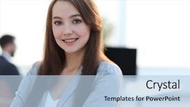  Presentation with office - Theme having business woman on blurred background background and a light blue colored foreground